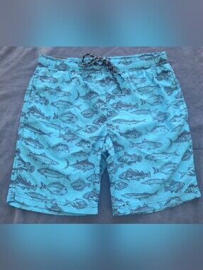 Men's Blue Fish-Print Swim Trunks with Drawstring